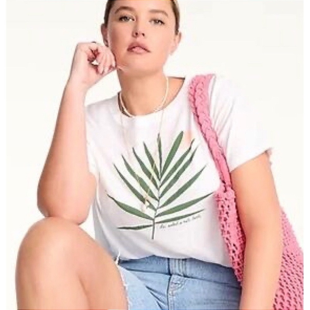 J Crew Womens‎ Palm Leaf Graphic Cropped Tee L White Chic Coastal Tropical